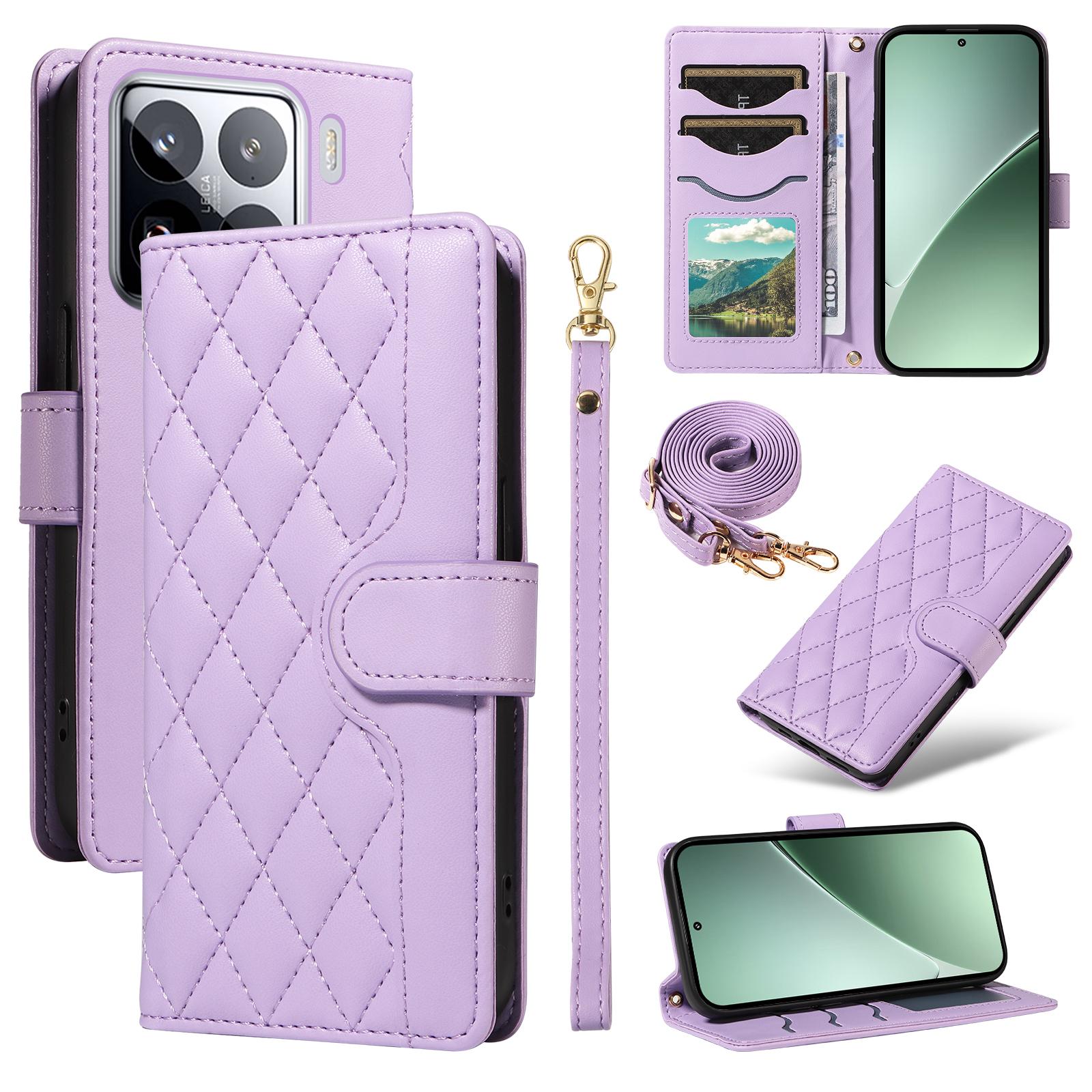 

For Xiaomi 15 Pro Wallet Case Rhombus Leather Phone Cover with Shoulder Strap,Wrist Strap Light Purple
