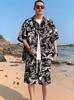 ZY30 Men's Summer Tie-dye Ice Silk Floral Two-piece Casual Set with Short-sleeved Shirt and Shorts