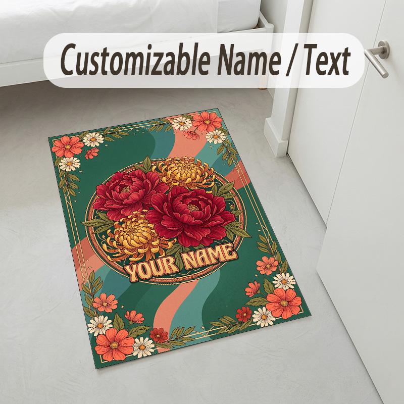 Floral Garden Theme Crystal Velvet Rug Personalized Custom Name Text Soft Floor Mat Home Decor