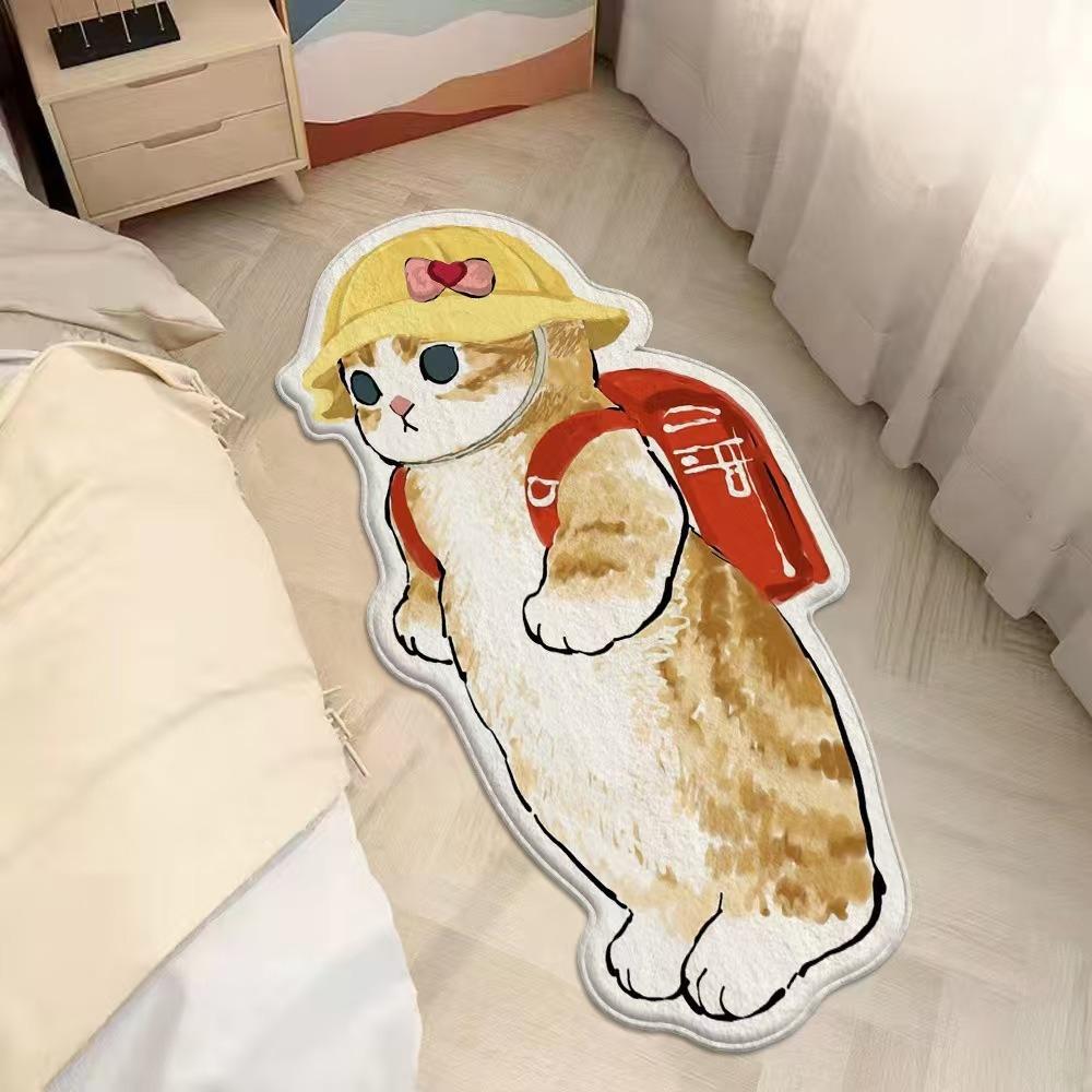 2pcs Cartoon Cute Cat Imitation Cashmere Bedroom Carpet Special-shaped Bedside Carpet Floor Mat