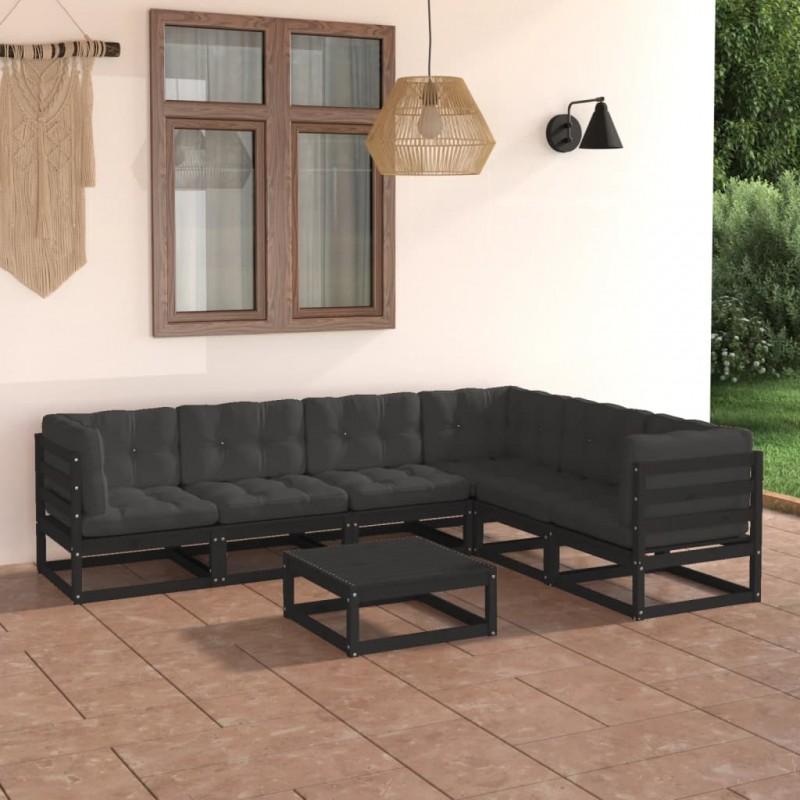 Día y Noche - Día y Noche Set de muebles de jardín 7 pzas con cojines madera pino negro