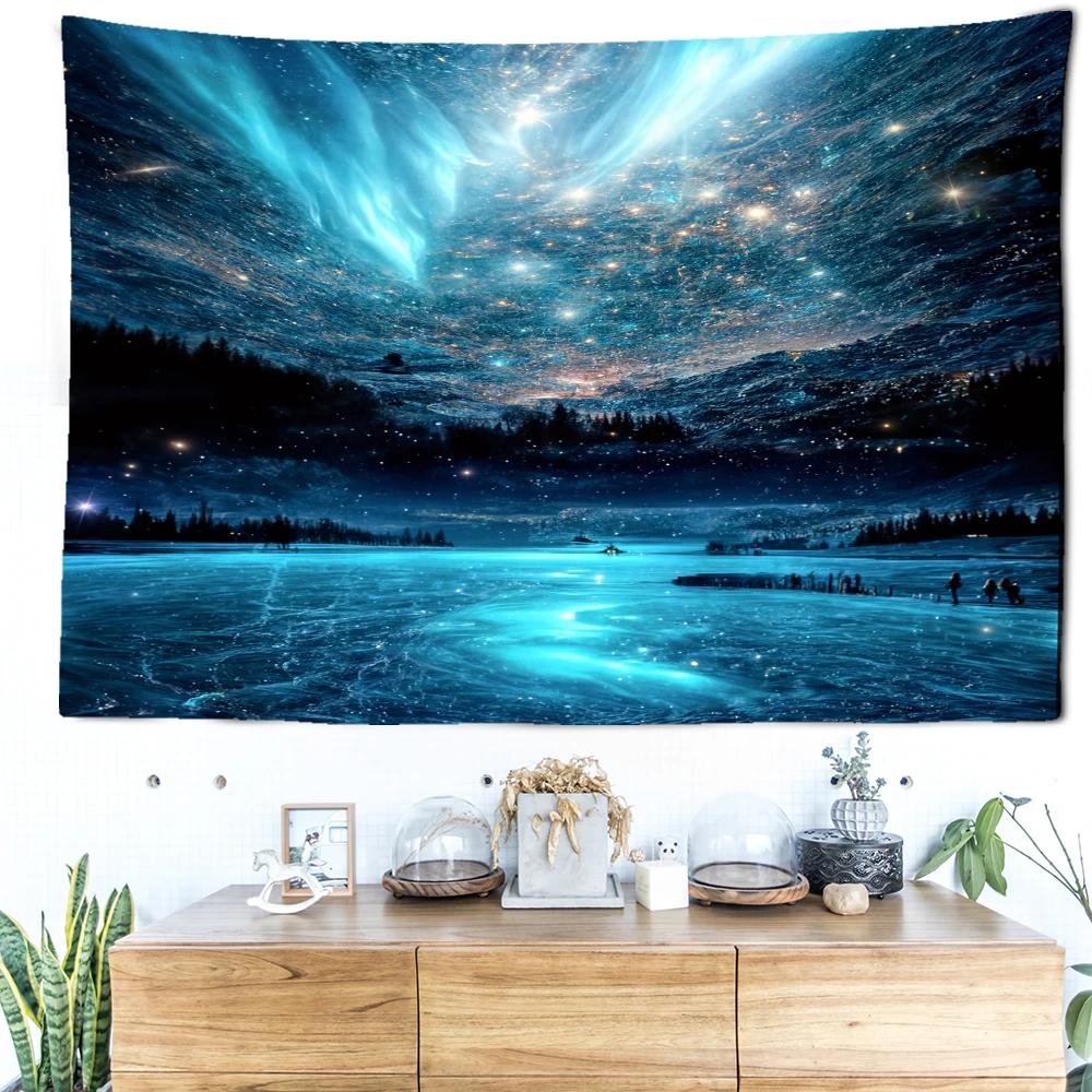 Blue Aurora Ice Forest Tapestry Wall Hanging Landscape Bohemian Minimalist Art Living Room Bedroom Home Decor