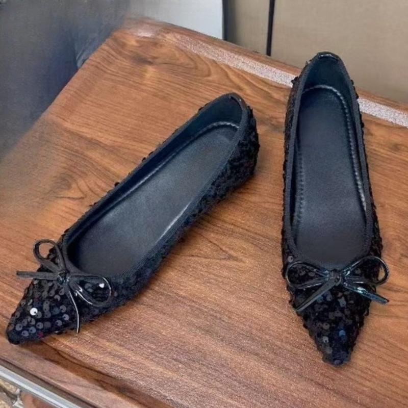 Fashion Inside Heightened Single Shoes Women's Fashion Pointed Toe Shallow Mouth Sequin Bow Soft Sole Non-Slip Wear-Resistant Flats