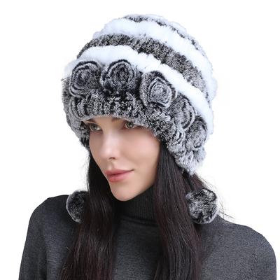Women's Warm Thick Ear Protection Fur Rex Rabbit Hair Hat Three-ball Autumn and Winter Women's Woven Wool Hat