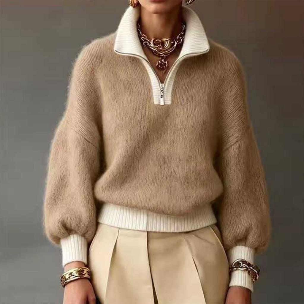 Women's Color Block Half-Zip Turtleneck Knit Sweater Top for Casual Wear