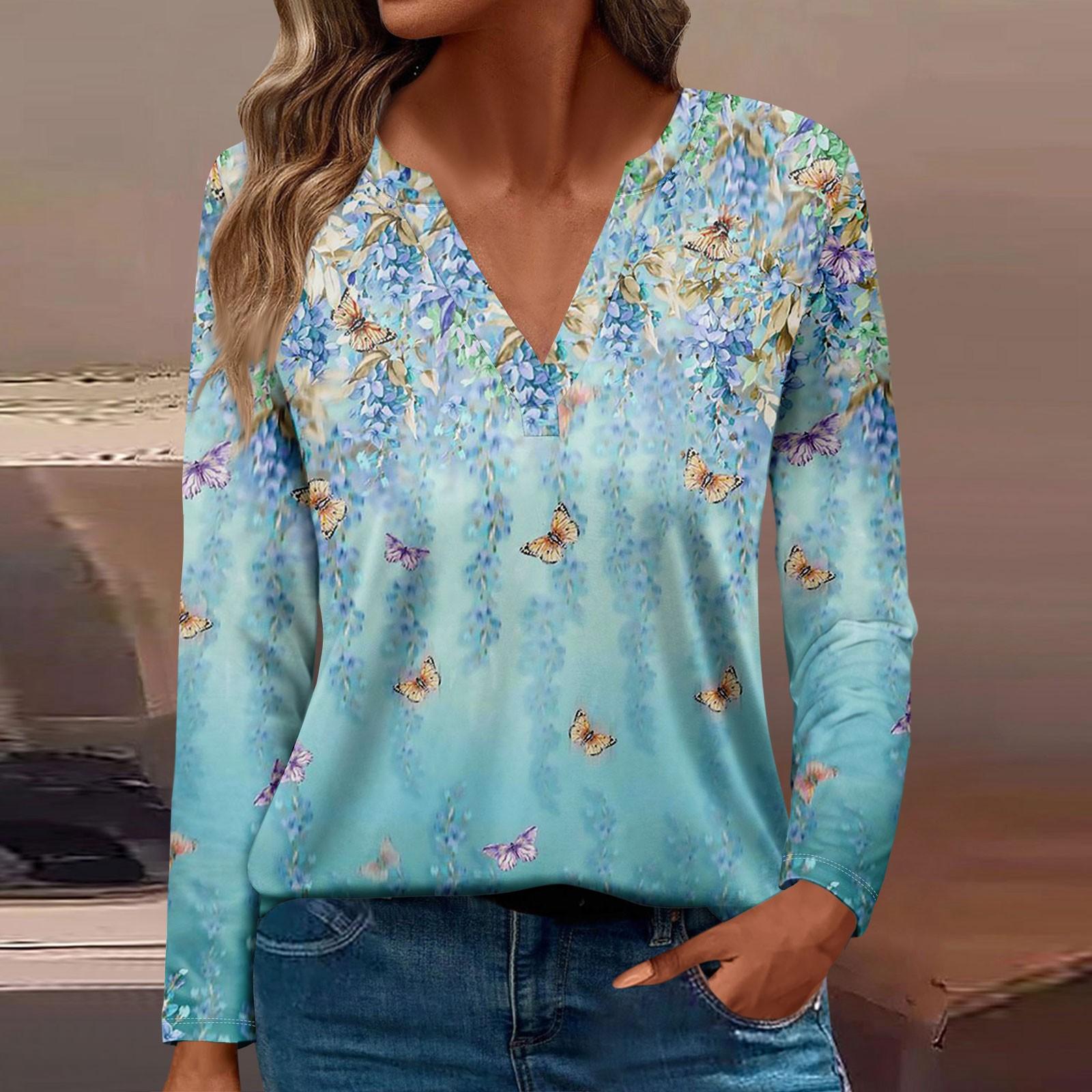 

Жен. Футболка Футболка С принтом Пуговицы Длинный рукав Повседневные Выходные Мода Классический V-образный вырез Обычный Топ M