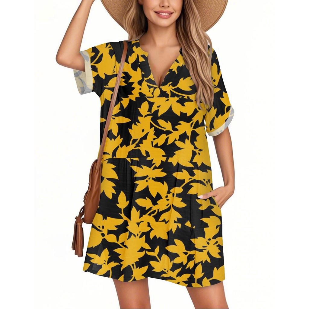 Damenmode Smock Hawaiian Floral Casual Kurzarm V-Ausschnitt T-Shirt Kleid Urlaub Strandkleid