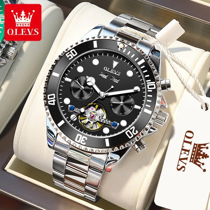 OLEVS 6605 Classic Original Mechanical Wristwatches For Man Skeleton Flywheel Calendar Business Automatic Men's Watch