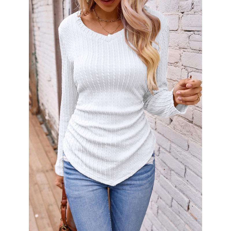 Women's Autumn and Winter Models Long-sleeved Irregular Slim V-neck Solid Colour Knitted T-shirt