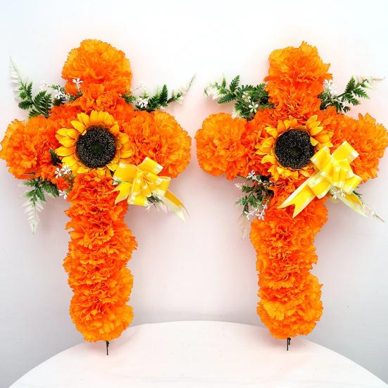 Fake Sunflower Decoration 2Pcs Dia De Los Muertos Artificial Flower, Marigold Cross Wall Decor for Day Of The Dead Floral Wreath of Halloween