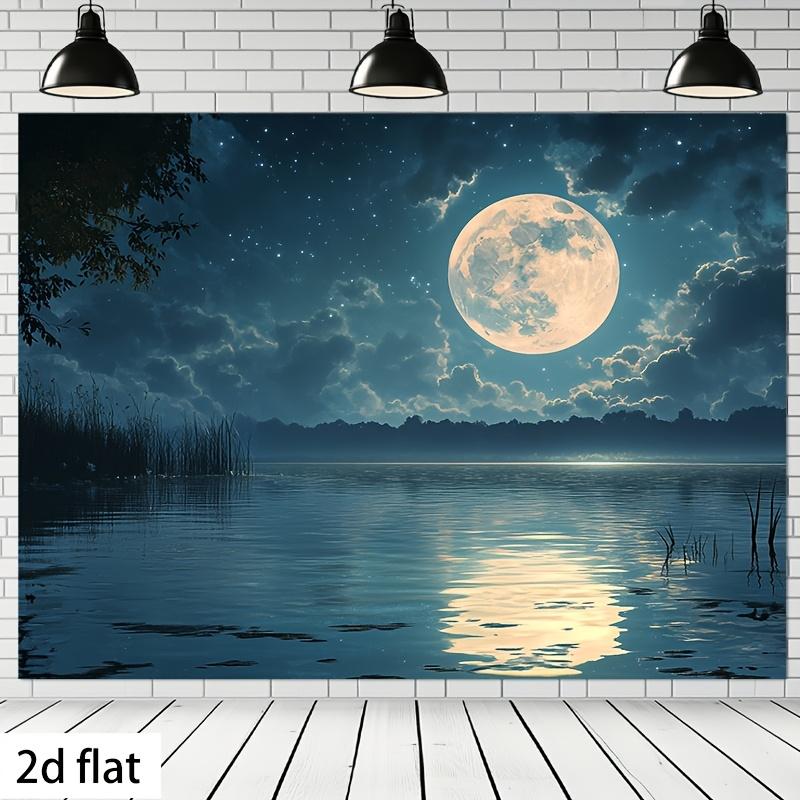 

1pc Moonlit Night Background Fabric Full Moon Reflection Backdrop with Starry Sky Effect No Electricity Needed Durable Poly 74x94cm(29x37in)