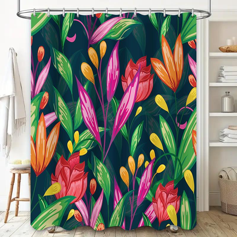 Colorful Floral Shower Curtain With Green Leaves Modern Bathroom Decor For Home Decoration Gift Idea