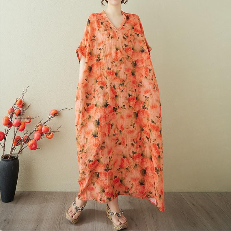 Short Sleeve Plus Size Cotton Vintage Floral New In Dresses for Women Casual Loose Maxi Long Summer Dress