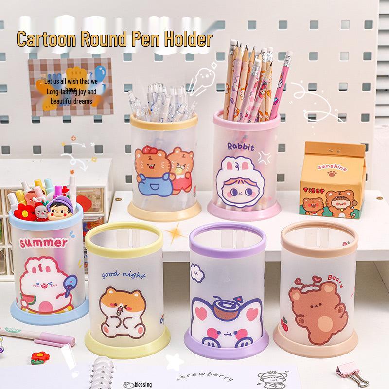 Cartoon Round Folding Pen Holder - Creative Desk Storage for Students & Offices