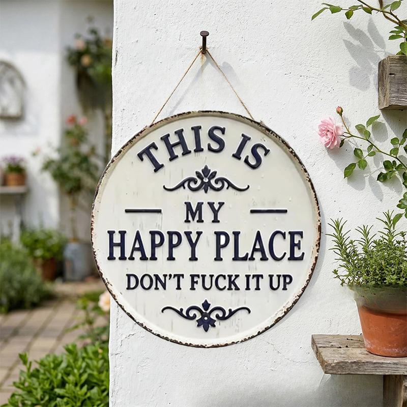 2D Flat Rustic Metal Garden Sign Happy Place Wall Art Decorative Outdoor Yard Plaque for House Porch