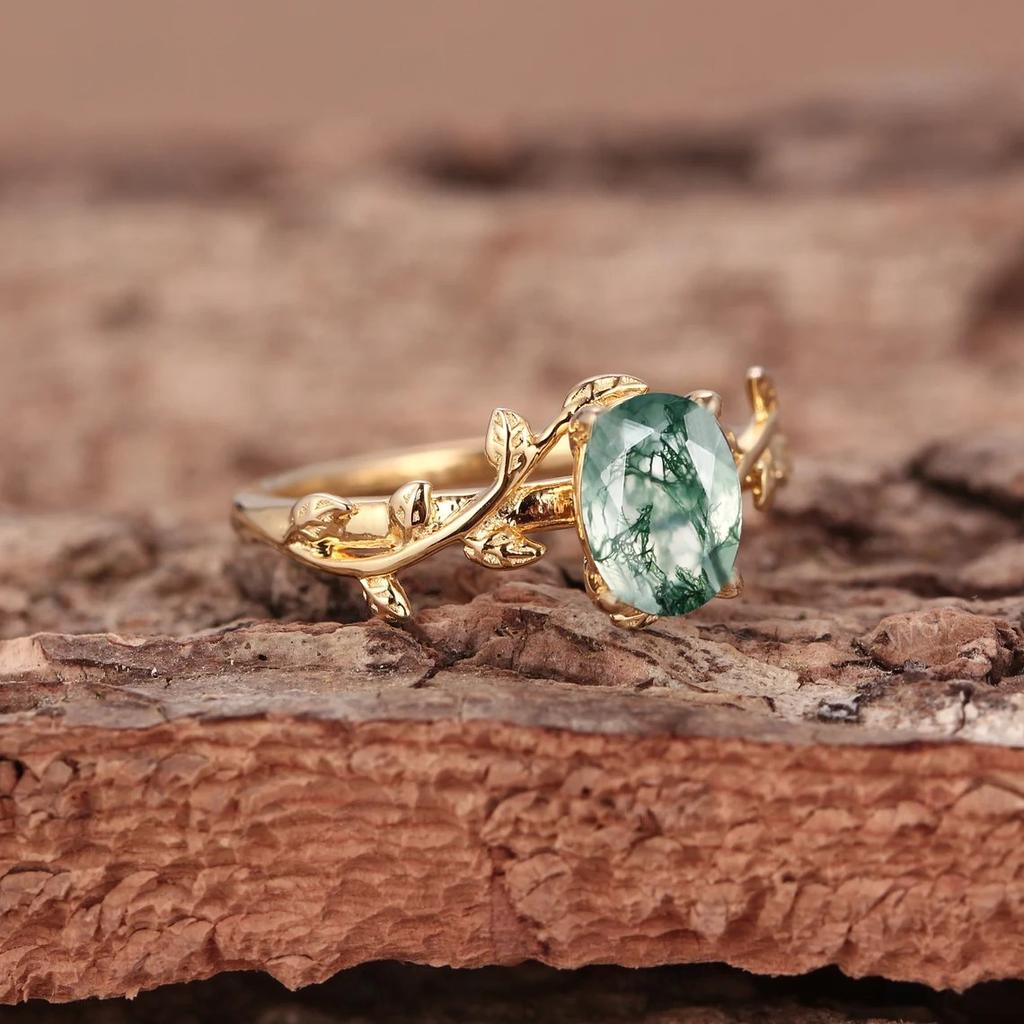 Real 925 Silver Cocktail Oval Shaped Moss Agate Rings Leaf Branch Ring For Woman Wedding Gifts High Quantity Jewelry