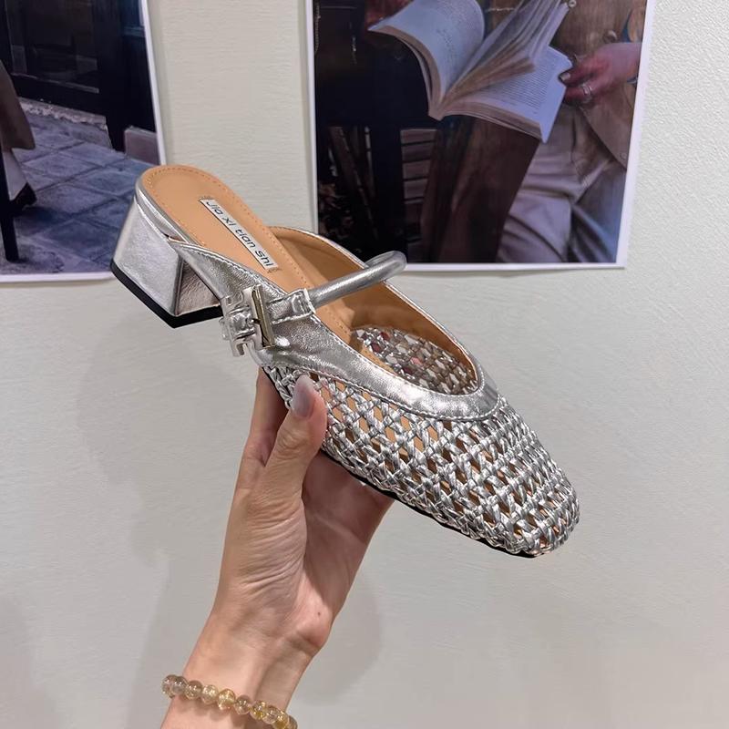 Fashion Retro Style Summer Cover Toe Women Mules Slippers Elegant Ladies Outdoor Thick Heel Dress Slides Shoes