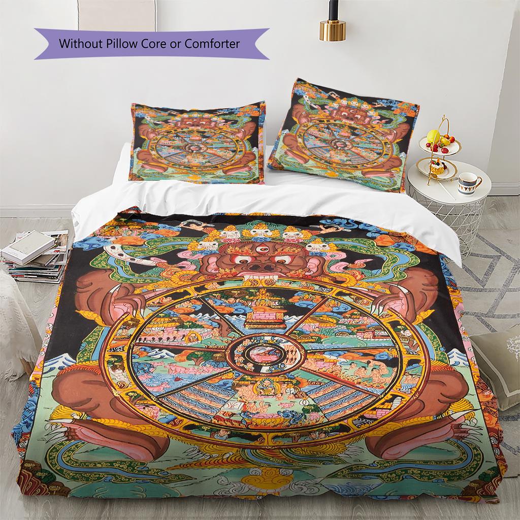 Buddhism Wheel Pattern Bedding Quilt Set Quilt Cover Pillowcase Home Decoration Gift (1 * duvet cover + 2 * pillowcase, without core)