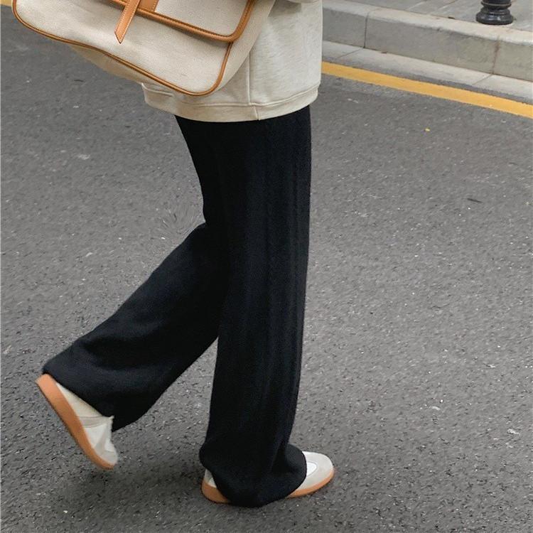 Women’s Solid Fashion Slim Thicken Knit Pants High Waist Casual Stylish Straight Trousers for Lady Soft Comfortable Versatile Warm Loose Knit Pants