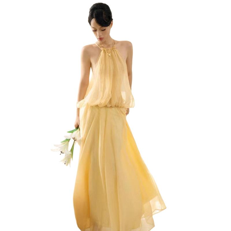 2026 European and American summer new neck solid color personalized fashion off the shoulder elegant temperament holiday dress