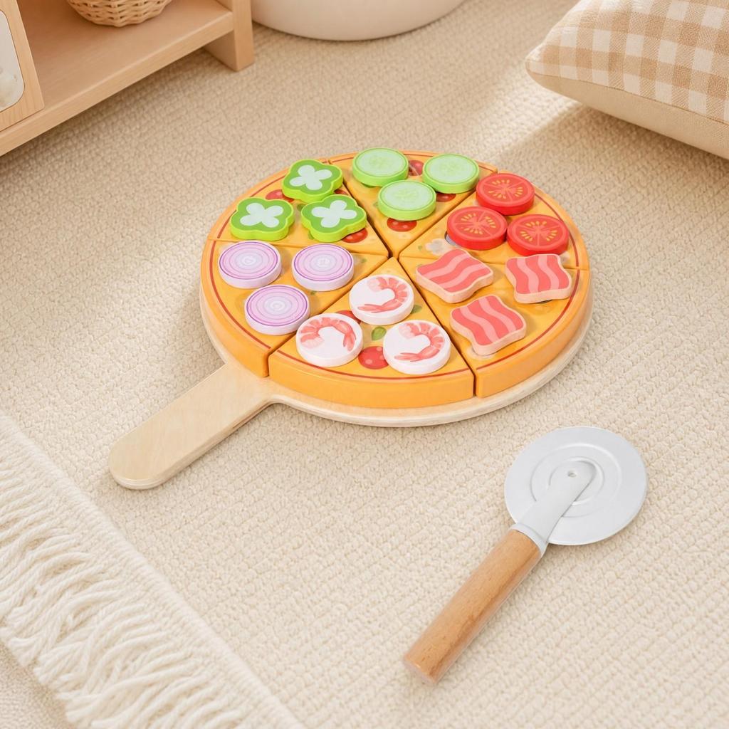 Wooden Pizza Play Set Educational for Playroom, Kids