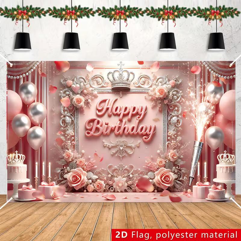 2D Princess Birthday Background Cloth, Pink Balloon & Rose Tapestry