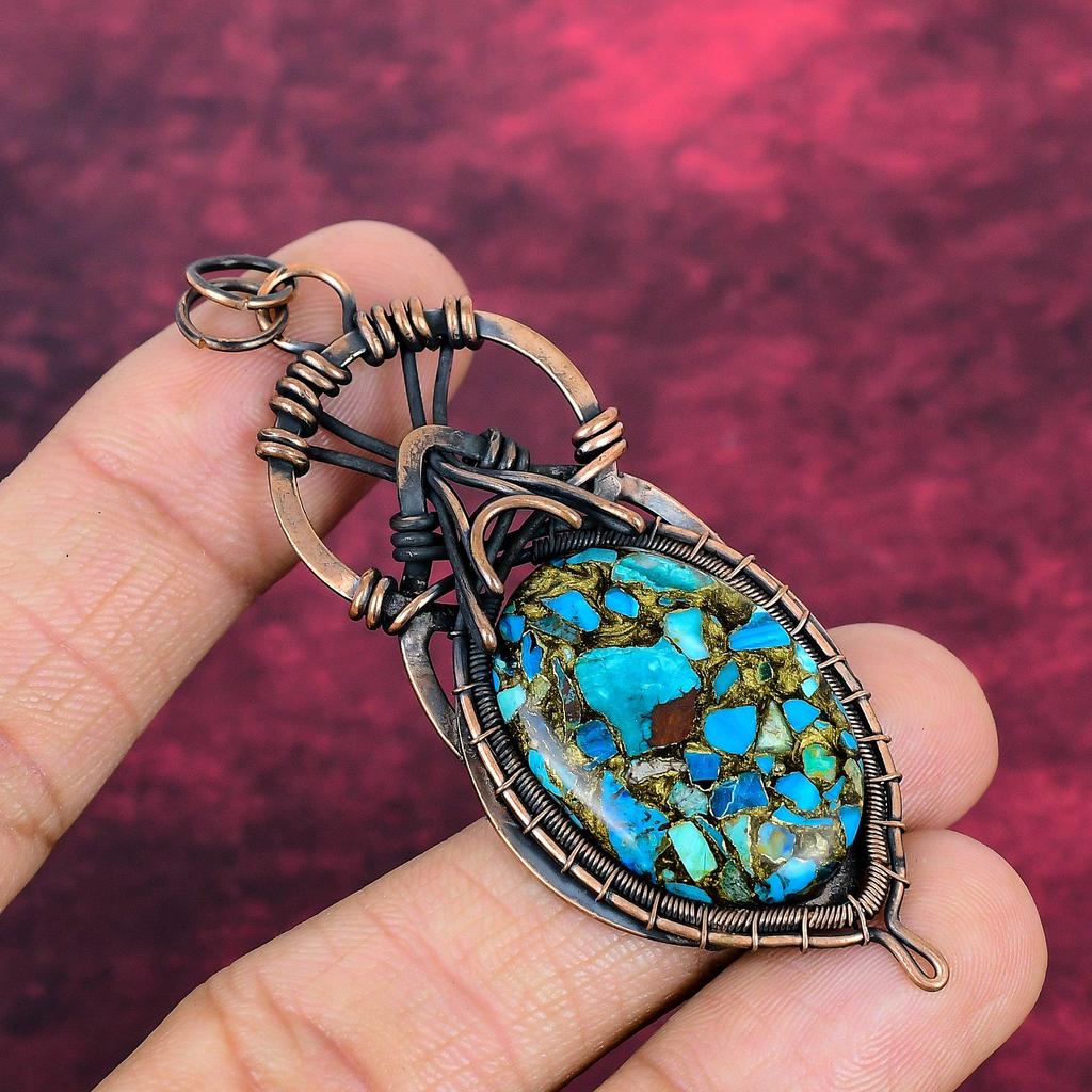 Copper Chrysocolla Gemstone Pendant Copper Wire Wrapped Jewelry Anniversary Gifts