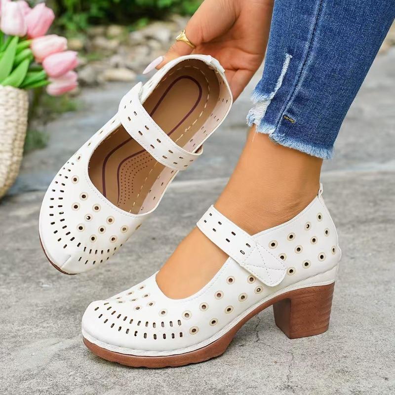 Sommer Neue Damen Blockabsatz-Sandalen, Übergröße Hohl atmungsaktives Rundzehen-Schuhwerk