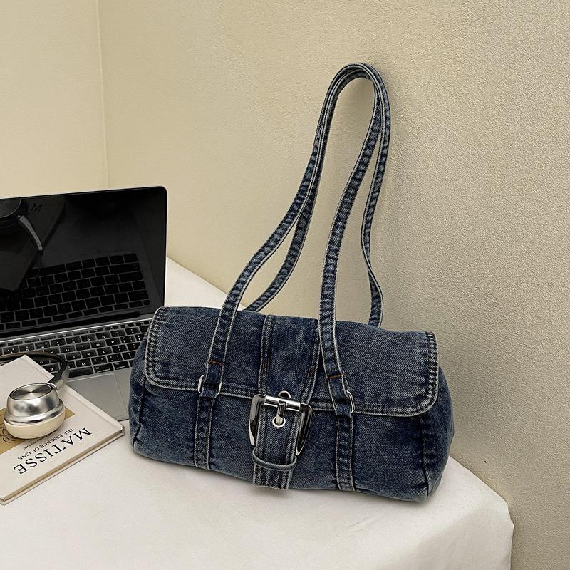 Trendy 2026 Hong Kong Style Washed Denim Shoulder Bag with High-End Texture