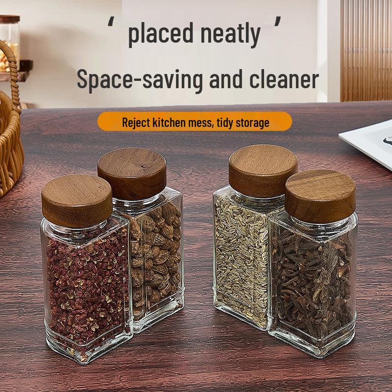 Acacia Wood Glass Seasoning Bottle Set - Pepper, Salt, Spices - 4-Piece Square Sprinkler Jars
