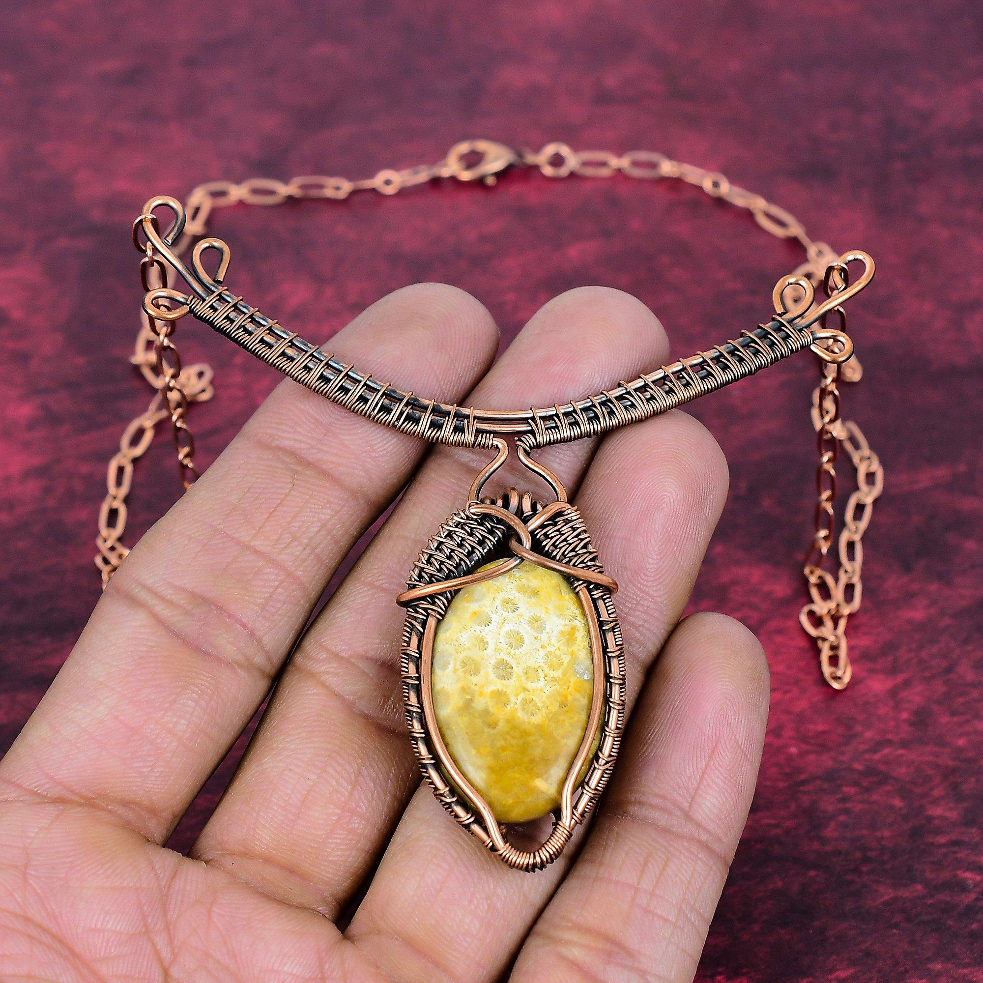 Fossil Coral Gemstone Necklace Copper Wire Wrapped Adjustable Chain Necklace Adjustable