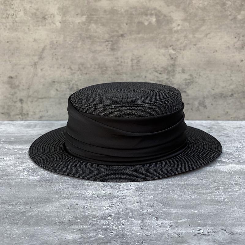 Temperament Promi Flacher Strohhut Japanischer Schlichter Zylinder Damen Sommer Britischer Retro Strandurlaub Sonnenschutz Sonnenhut
