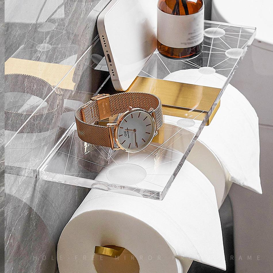 Gold Toilet Paper Holder with Shelf Black Aluminum Creative Acrylic Double Paper Towel Rack Tissue Hanger for Bathroom Kitchen