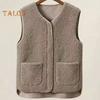 Women Fall Spring Vest Round Neck Thick Fleece Pockets Solid Color Sleeveless Zipper Closure Retro Warm Office Street Home Vacation Layering