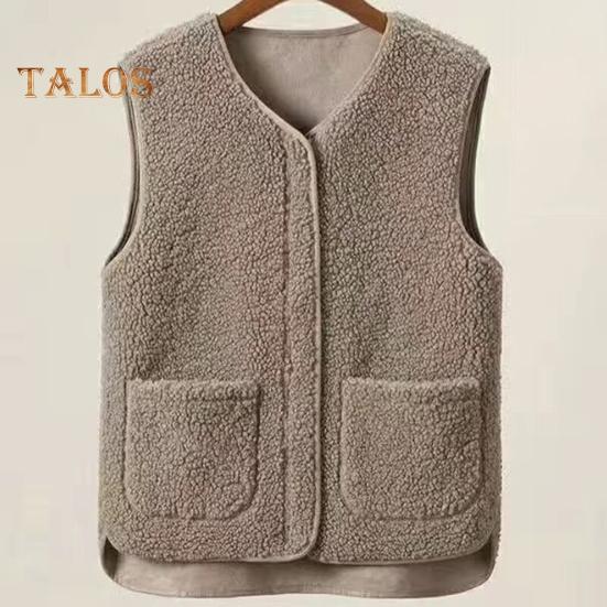 Women Fall Spring Vest Round Neck Thick Fleece Pockets Solid Color Sleeveless Zipper Closure Retro Warm Office Street Home Vacation Layering