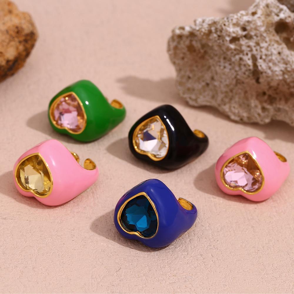 New Trendy Y2K Women's 18K Gold Plated Stainless Steel Ring Chunky Stackable Hearts Diamond Crystal Drip Oil Enamel Parties