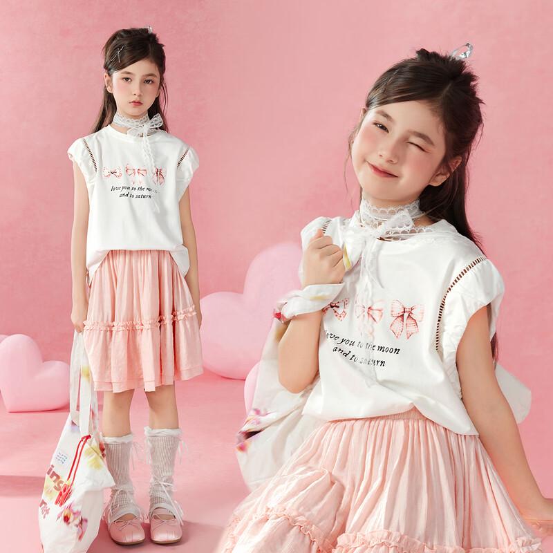 Girls  Bowknot Print T-shirt & Skirt Summer Set 120 светло-розовый