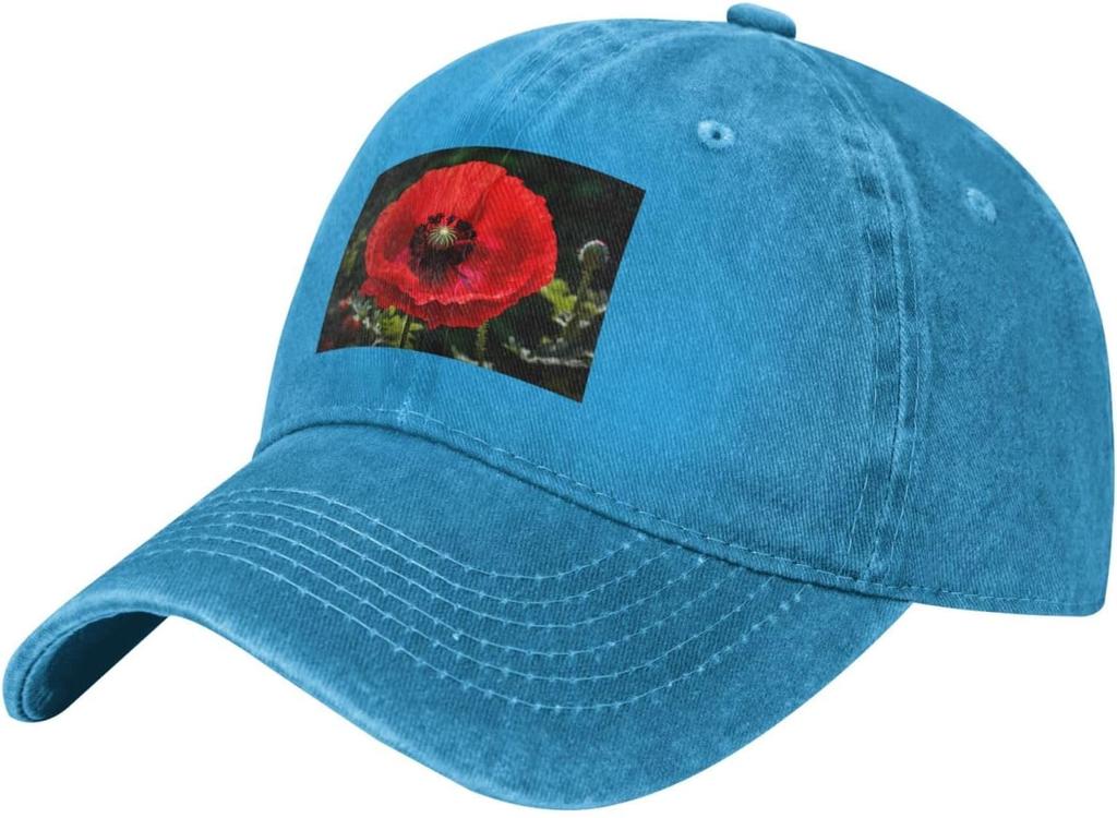 Cappellino da Baseball in Denim Lavato con Stampa di Papaveri Rossi Cappello Casual Regolabile in Cotone per Uomo Donna