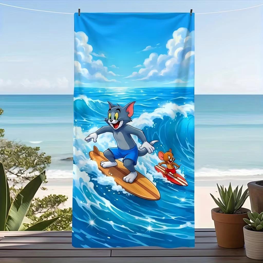 T-Tom and J-Jerry Surfing Ocean Wave Beach Towel Microfiber Quick Dry Absorbent Ideal for Swimming Camping Bathing Gift