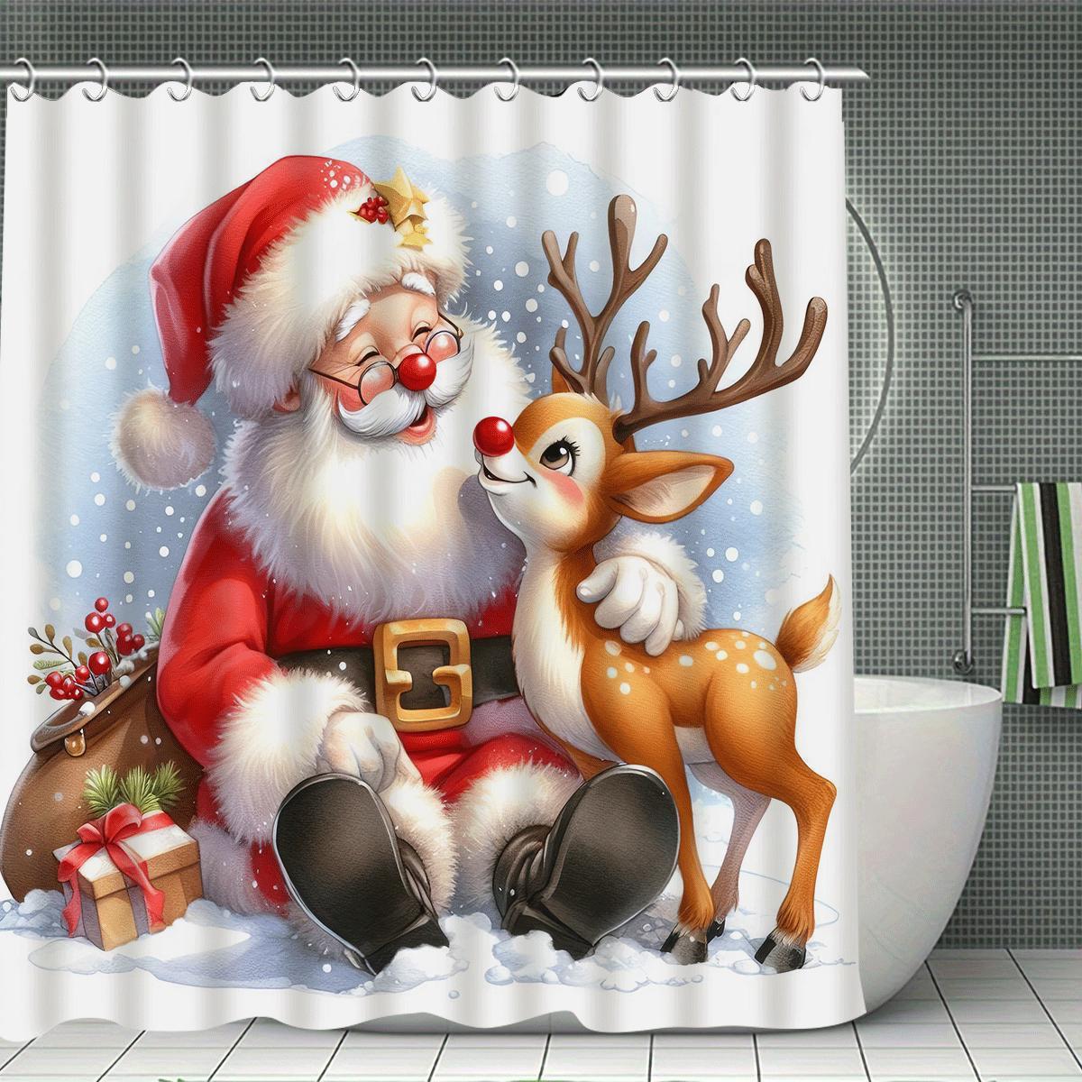 

Рождество С Рождеством 1/4 шт. Зимнее украшение Набор штор для душа с 12 крючками, Водонепроницаемая штора для душа, Нескользящий коврик для ванны 90x180cm