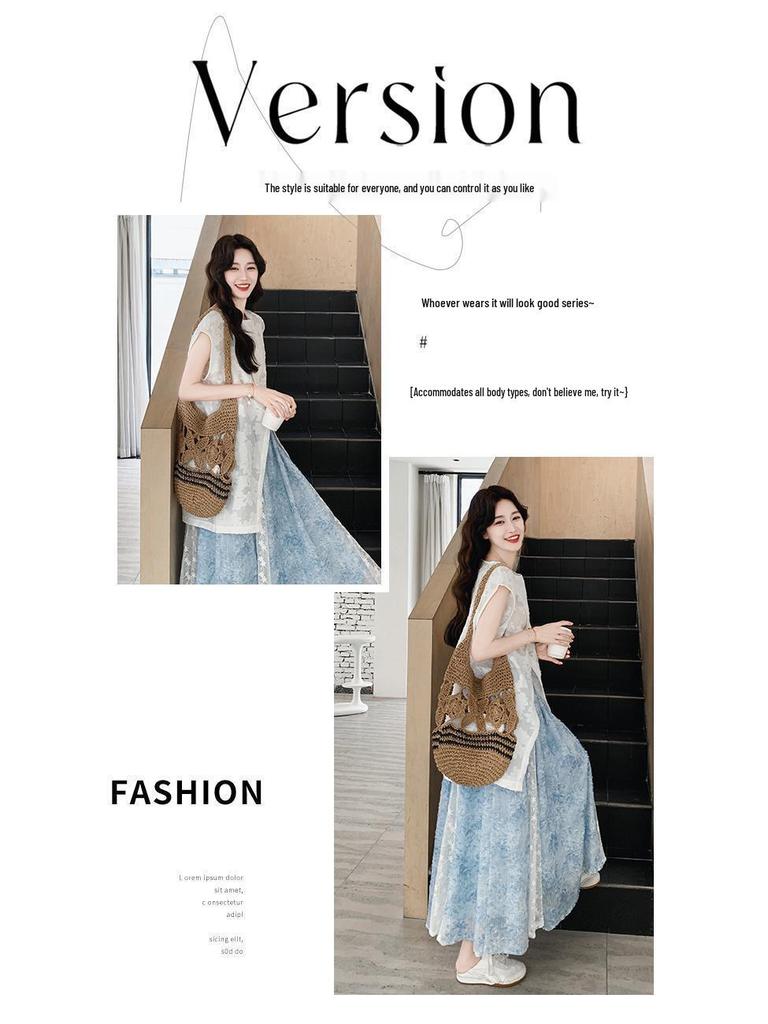 Elegant Lace Splicing Sleeveless Top and Skirt Set for Women - Summer 2026 Collection