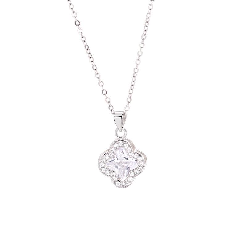 Diamond-Accented Four-Leaf Clover Pendant S925 Sterling Silver Necklace - Elegant and Versatile Collarbone Chain
