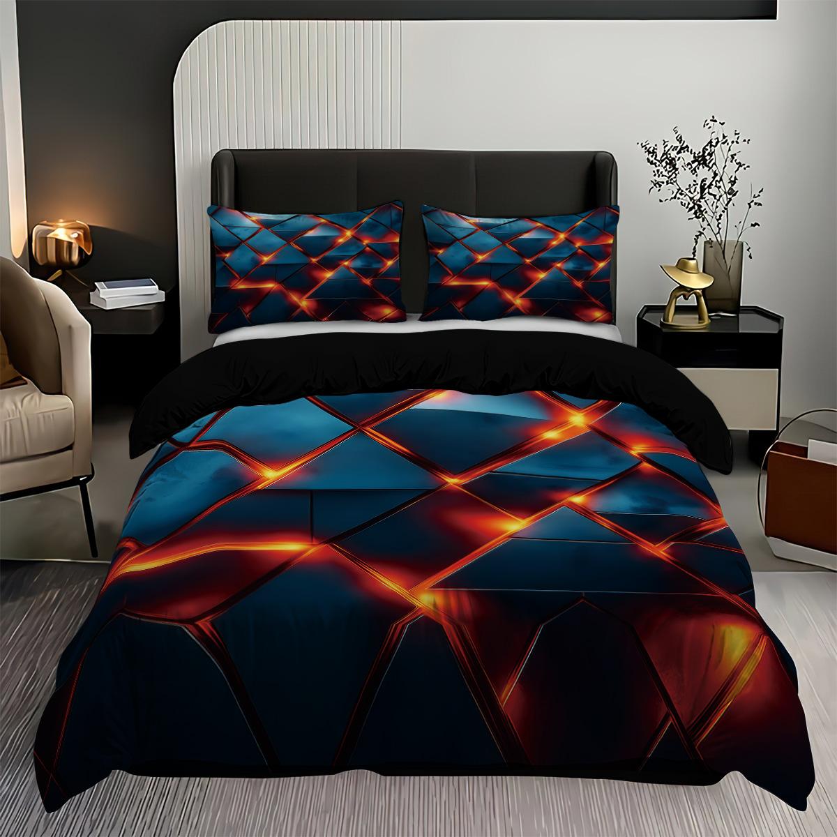 

3pcs Black Bedding Set Grid Lava Surface 3D Printed Cozy Soft Duvet Cover King Queen Twin Size Birthday Gift Adult Bedroom Decor EU Single 135x200cm