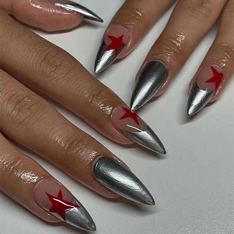 Wearing nail piece French metal silver edge red star wearing nail, European and American nail patch nail patch