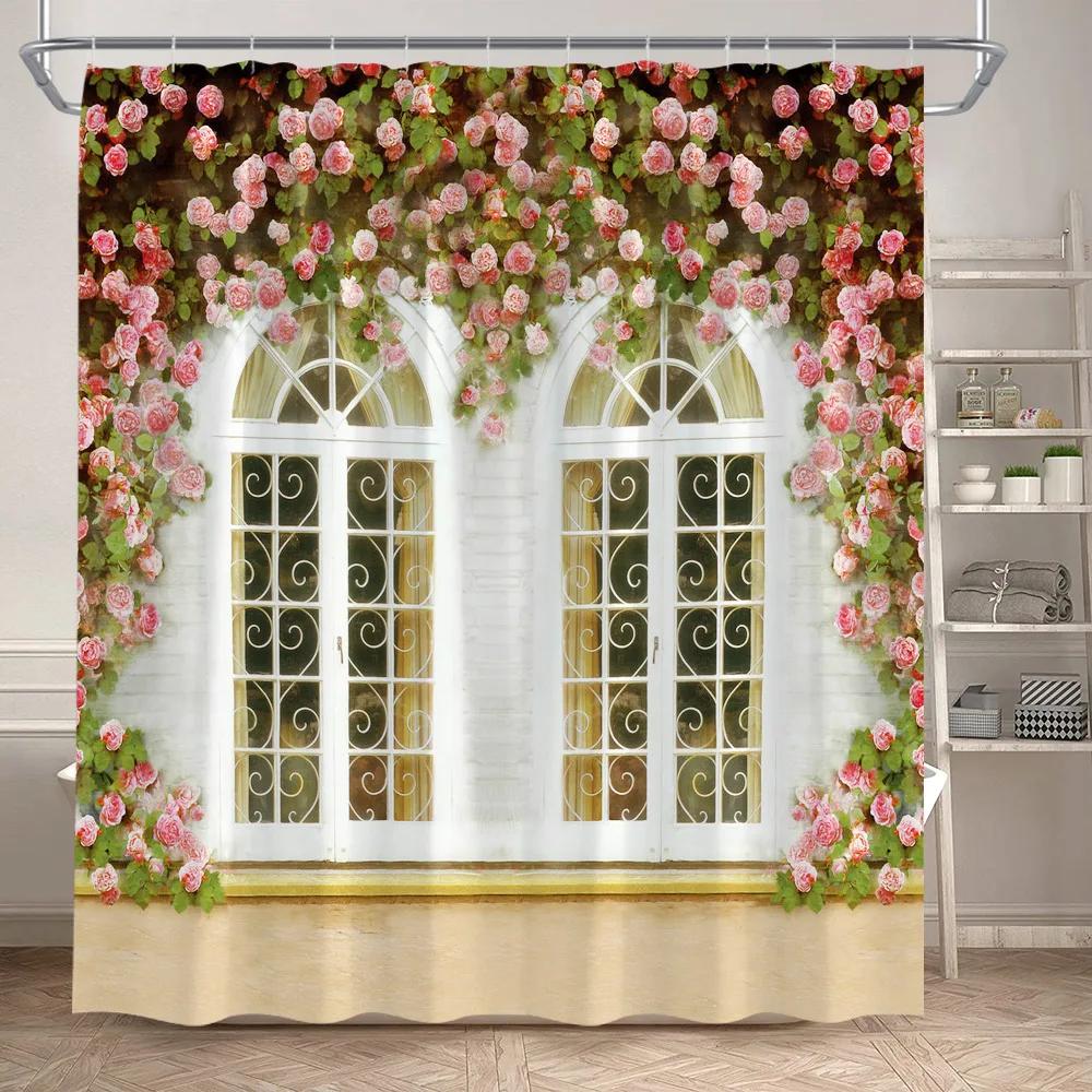 Fence Flowers Shower Curtains Blue Window Nature Floral Plants Scenery Modern Garden Wall Hanging Home Bathroom Decor with Hooks