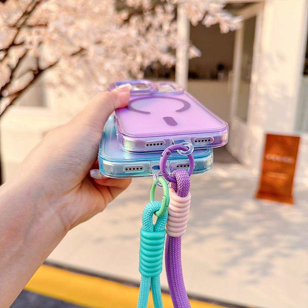 High-Quality Gradient Color Translucent Case with Wireless Charging and Magnetic Phone Strap for iPhone 14, 15, 16, 17 Pro Max E