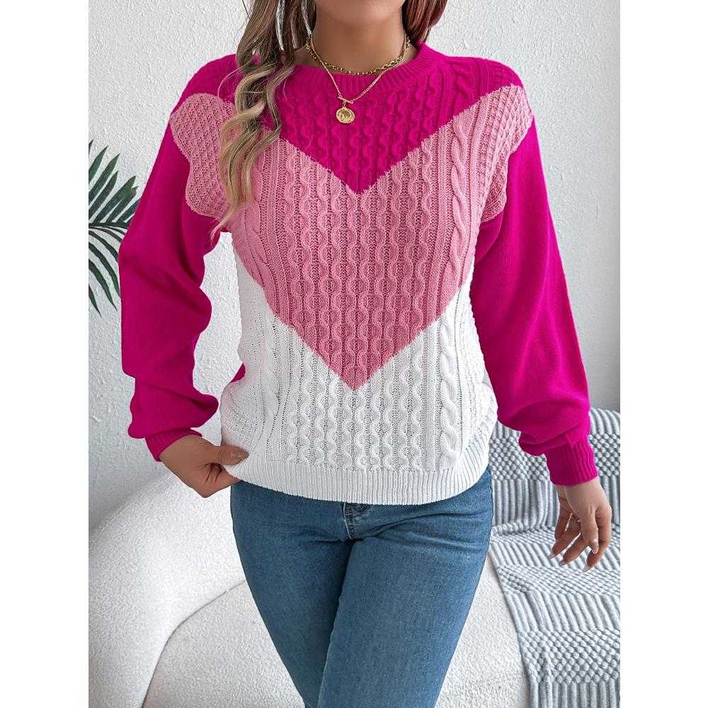 Autumn/Winter Casual Colour-Blocked Cable-Knit Bell-Sleeve Women's Pullover