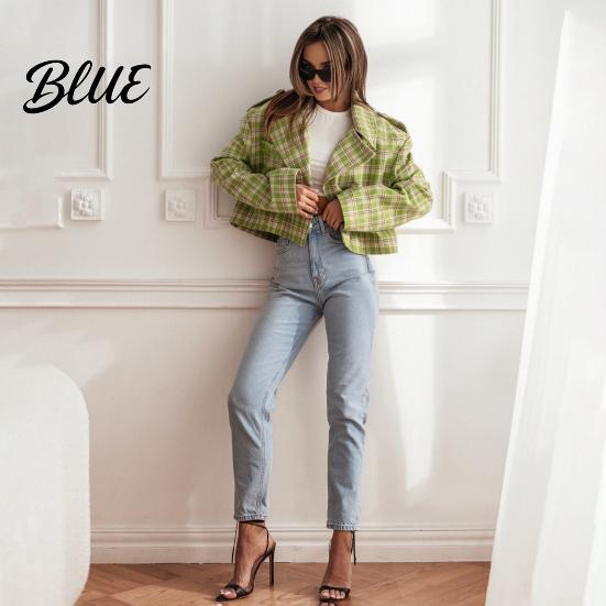 Short Design Plaid Jacket Fall Winter Women Turn-down Collar Print Long Sleeves Loose Lapel Coat Cardigan Button Decor English Style Type Outerwear