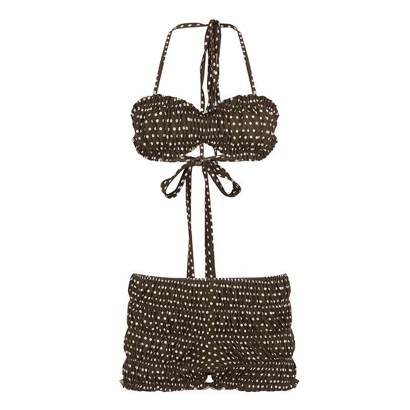 

H Дом Европейская и американская женская одежда Французский сексуальный смокинг с рюшами Купальник бикини в горошек Халтер Бретели-спагетти + Сексуальные шорты Brown S