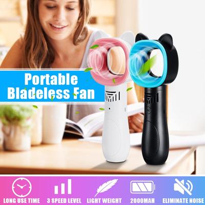 Portable Mini Cartoon Bladeless Fan Handheld with Base Foundation Standing On Table 3 Fan Speed Level USB Rechargeable